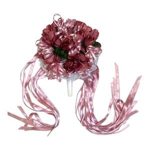 VTG Silk Flower & Lace Streamers Wedding Bridal Bouquet Red Rose & Pink Ribbons